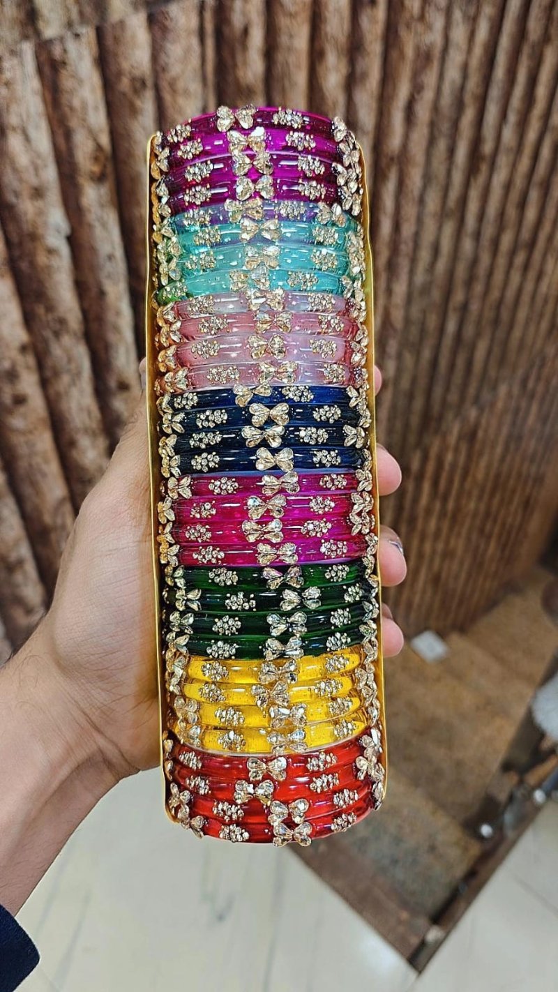 8 Colours Combo Box of Premium Stone & Kundan Glass Bangles